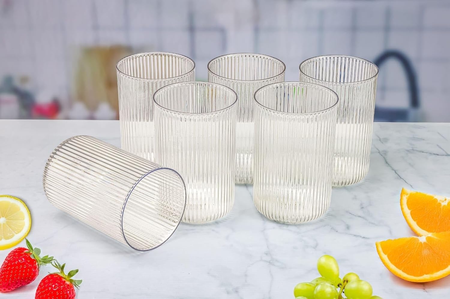 Amishaine Round Lining Glass Pitcher jug with Textured Ribbed Design for Serving Water Juice iced Tea Cocktails Milk and Beverages at Home Kitchen Dining table-250 ml 3