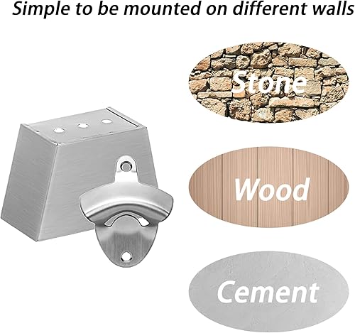 Miniatura 5 de Luwanburg Abridor de botellas de cerveza de acero inoxidable para exteriores montado en la pared con agujeros de drenaje para atrapar tapas (plata
