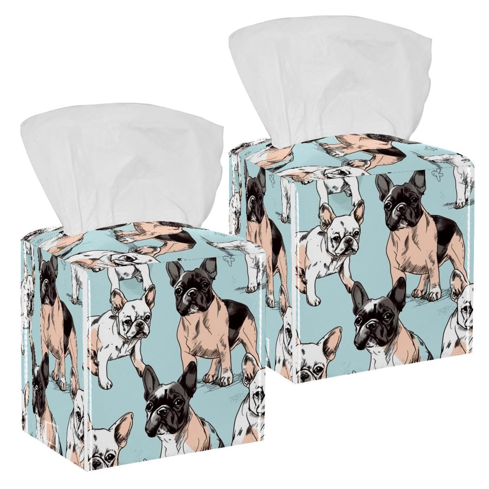 French Bulldog Dogs Tissue Box Cover, 2 Pack PU Leather Square Facial Tissue Dispenser Box holder for Home Office Car