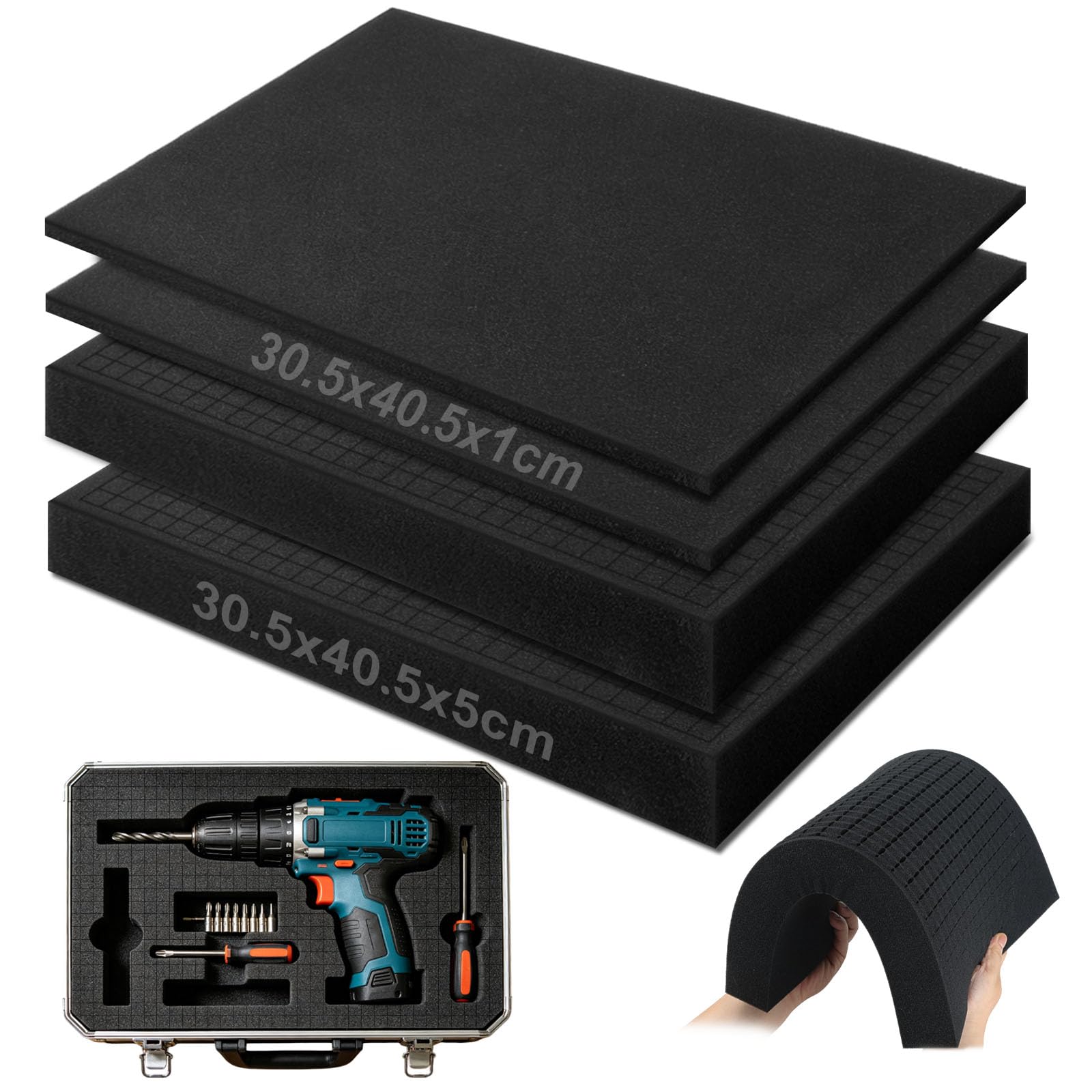 2 Pcs Poliuretano Espanso 405x305x50mm e 2 Pcs Inserto in Schiuma Pretagliato Piatta 405x305x10mm Pannelli Poliuretano Espanso per Imbottitura Inserto per Valigia Schiuma a Dadi per Fotocamera
