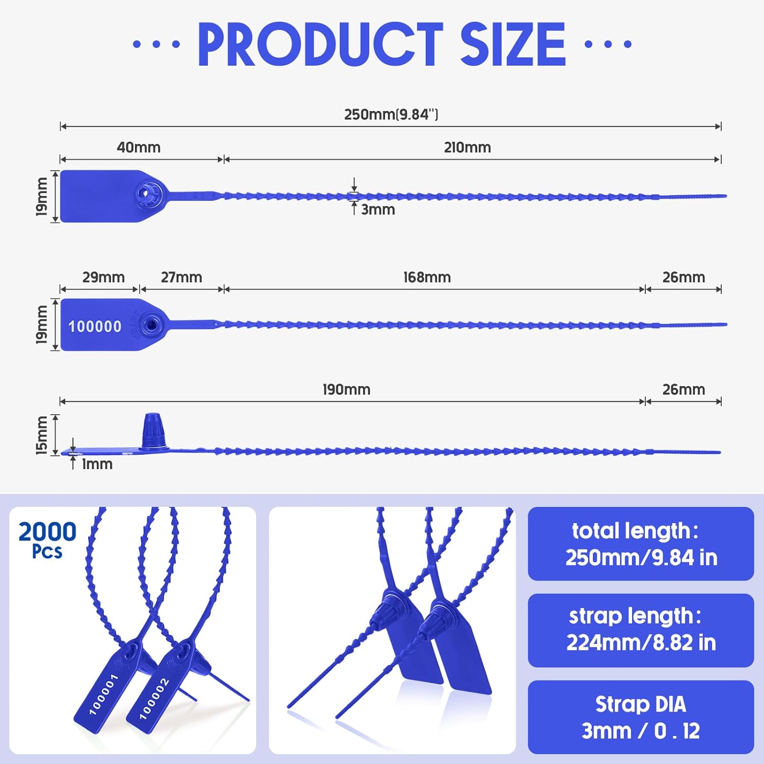 Roowest 2000 Pcs Plastic Tamper Seals Security Tags Seals Safety Numbered Zip Ties Fire Extinguisher Tamper Tags Disposable Self Locking Signage 250 mm Length(Blue) - Image 2