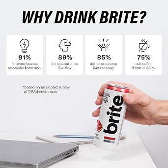 Brite Natural Focus. Energy Drink & Coffee Alternative for Productivity. Plant Based, Backed by Neuroscience. Low Calorie, Vegan, Gluten Free. Blood Orange 12 x 330 ml.
