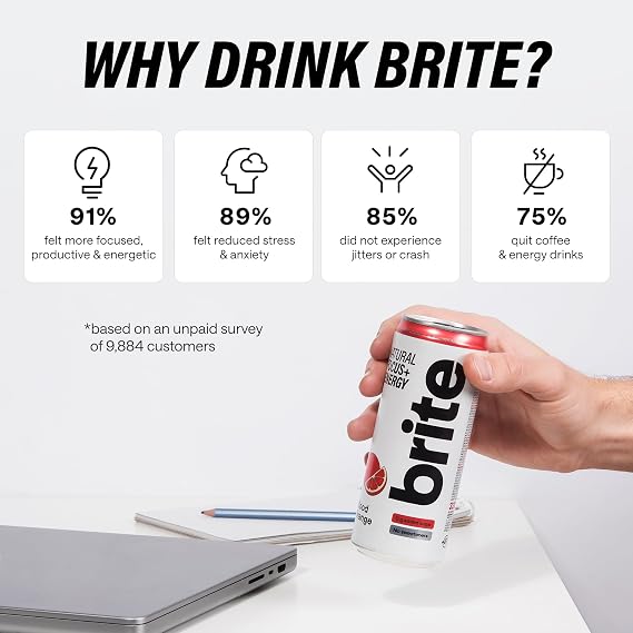Brite Natural Focus. Energy Drink & Coffee Alternative for Productivity. Plant Based, Backed by Neuroscience. Low Calorie, Vegan, Gluten Free. Blood Orange 12 x 330 ml.