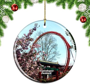 Denmark Tivoli Gardens Copenhagen Christmas Xmas Tree Ornament Decoration Hanging Pendant Decor City Travel Souvenir Collection Double Sided Porcelain 2.85 Inch