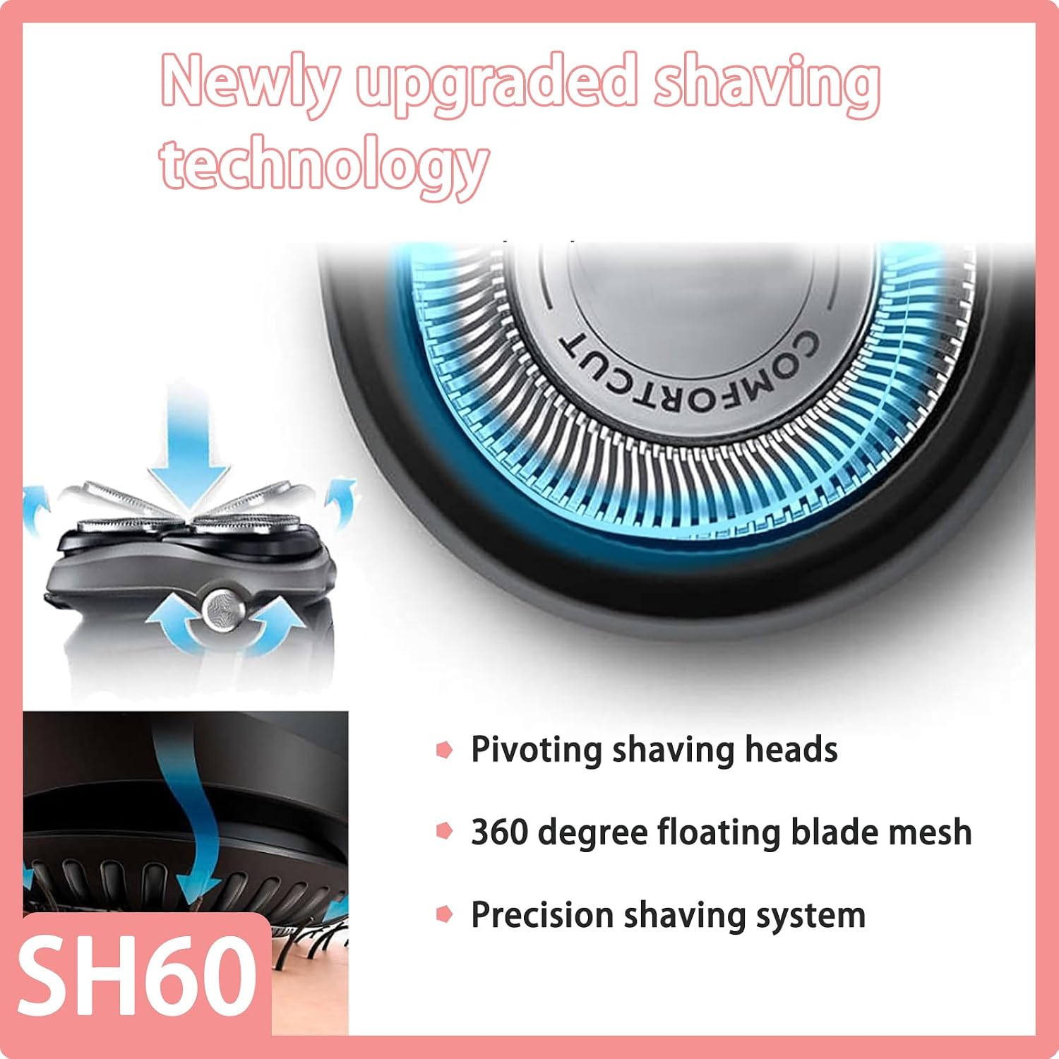 Sh60 Replacement Heads Compatible with Philips Norelco series 6000 Replacement Blades,for Series 6000 Series Electric Shaver S6880/81 S6810/82 S6850/85 Etc Models,Cleaning Brush[3 Pack]