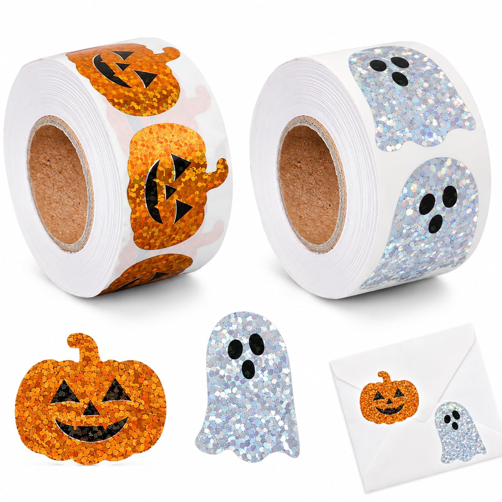 1000 Pcs Glitter Halloween Sticker Roll, Pumpkin Ghost Self Adhesive Decals