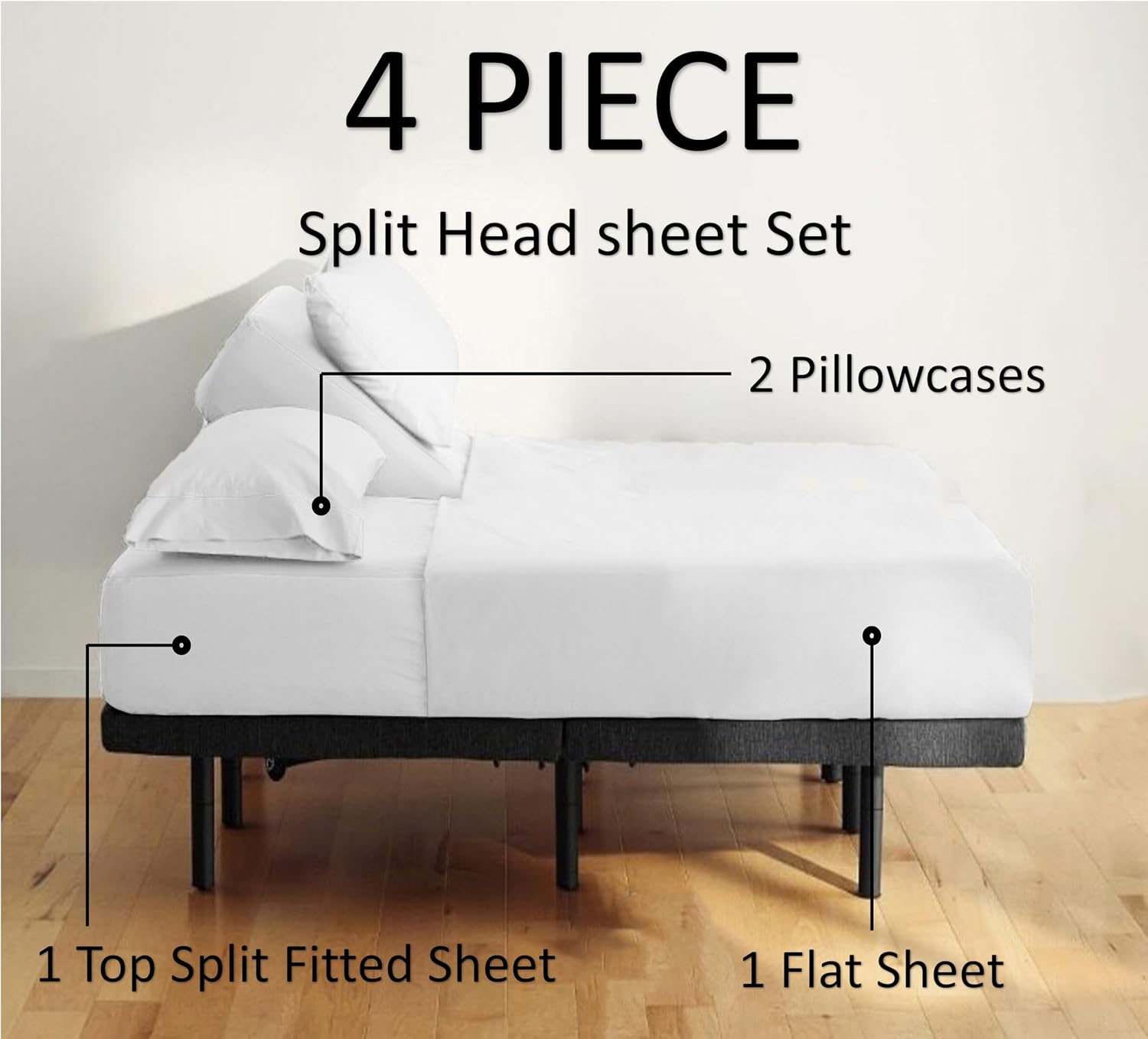Real 1000 Thread Count 100% Egyptian Cotton Split Head Queen Sheet Set - Flex Top half split -36" Split from the top - Fits Upto 12" Deep Pocket - (Split Head Queen- 36" Split, Silver Grey)