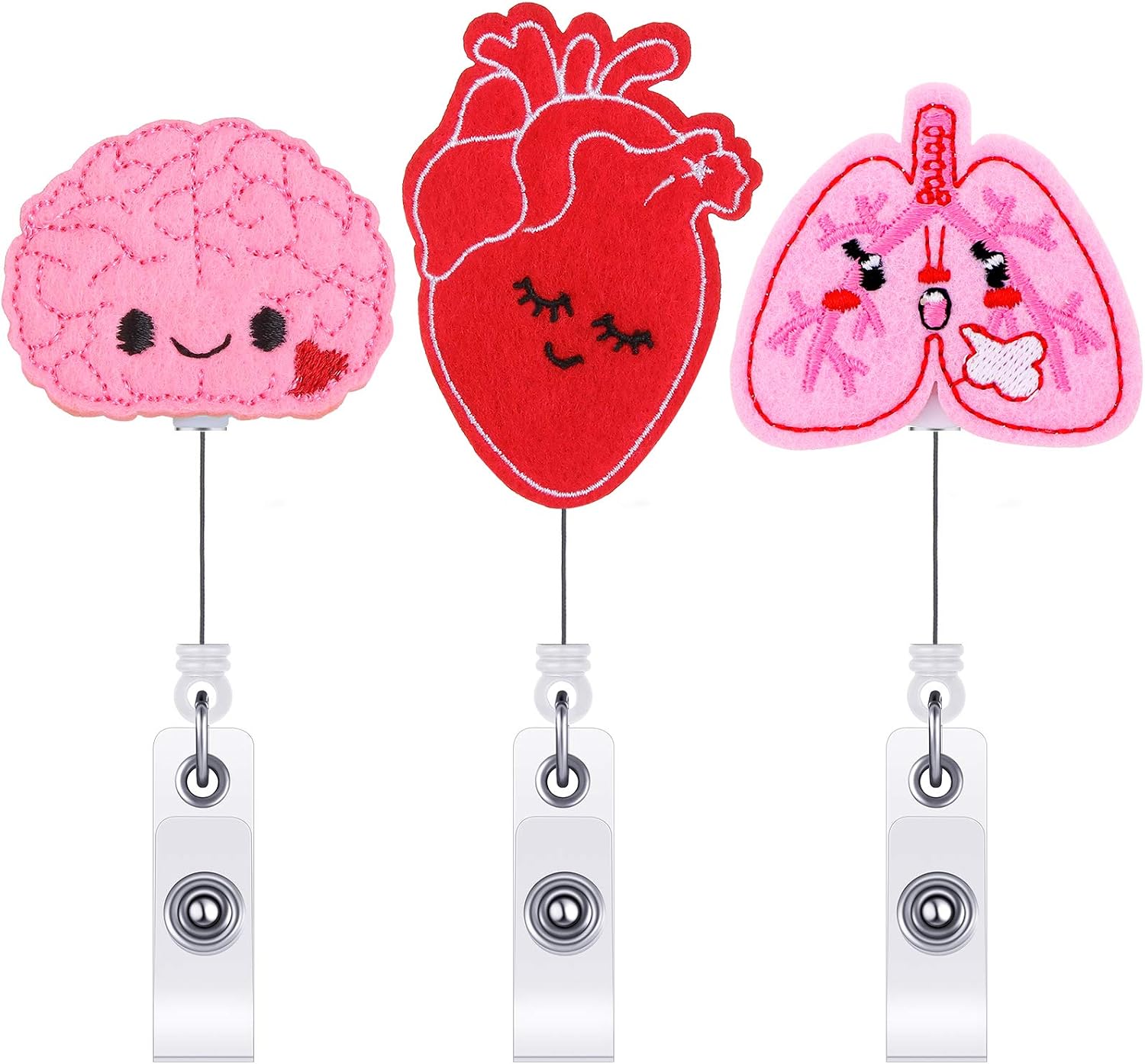 3 Pieces Retractable Badge Reel Holder for Nurse Badge Reel Felt Tag Holder with Clip ID Badge Reel Clip for Nurse Doctor Office School (Brain, Lung, Heart)