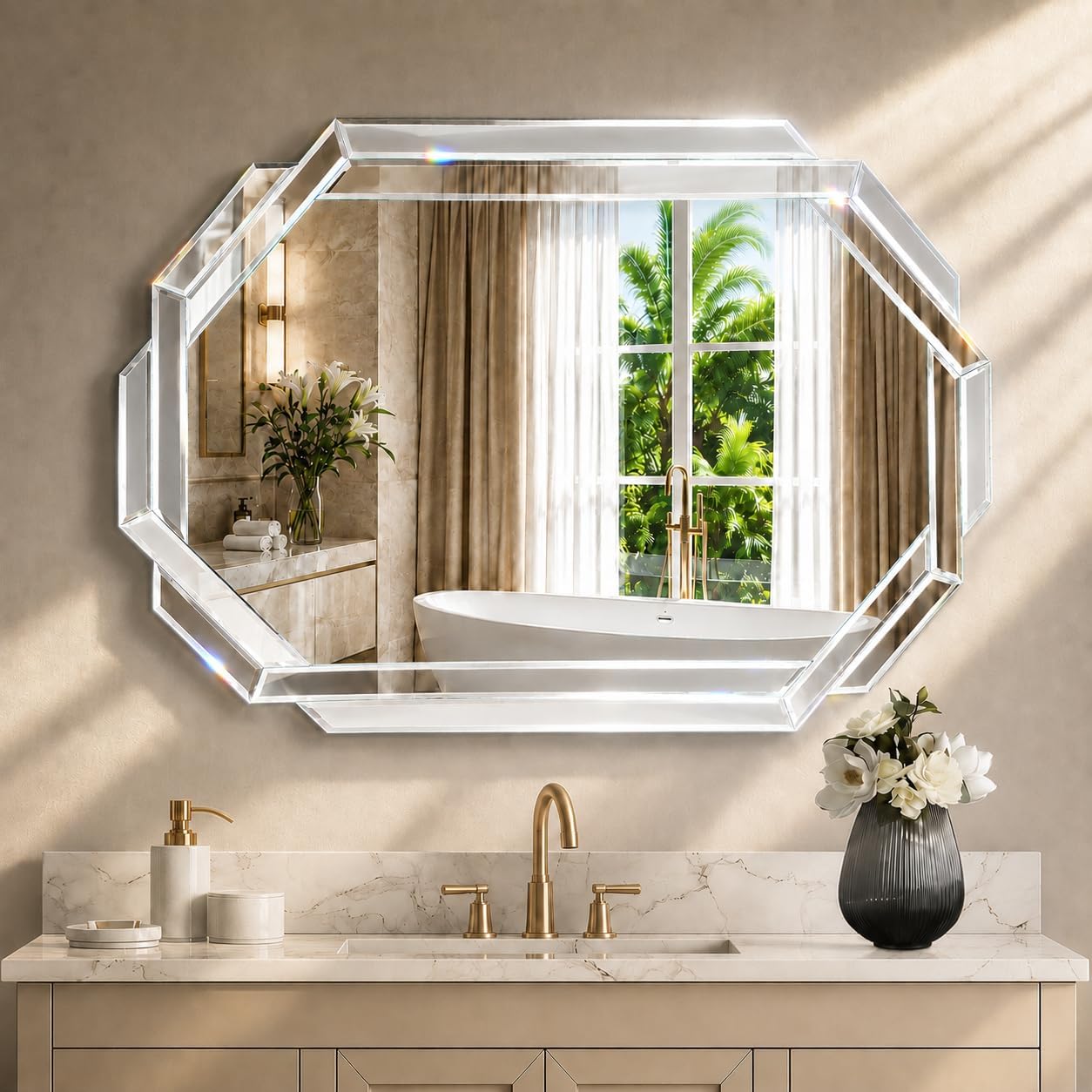24”X35” Wall Mirror Decorative, Beveled Edge Frameless Mirror for Wall Octagonal Decorative Mirror Large Accent for Bathroom, Bedroom, Living Room and Enterway image 5
