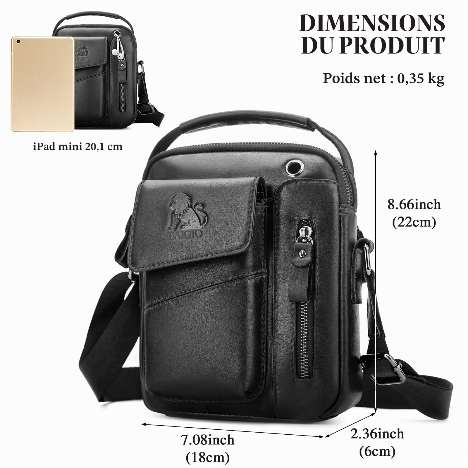 BAIGIO Sacoche Homme Cuir Sacoche Bandouliere Homme Vintage Cartable Sac de Messager Pochette Sac à Bandoulière Sacs Portés Épaule Sacs à Main pour Affaires Travail Voyage Vie Quotidienne