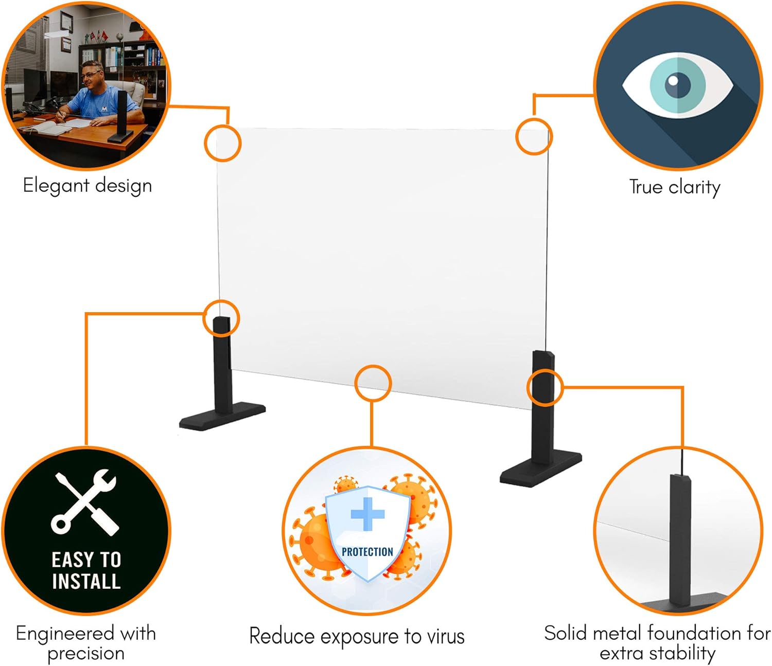 Protective Sneeze Guard for Desk - Premium Tempered Glass Shield for Office, Classroom, Reception, Counter - Adjustable Transaction Window (36"X24") : Office Products