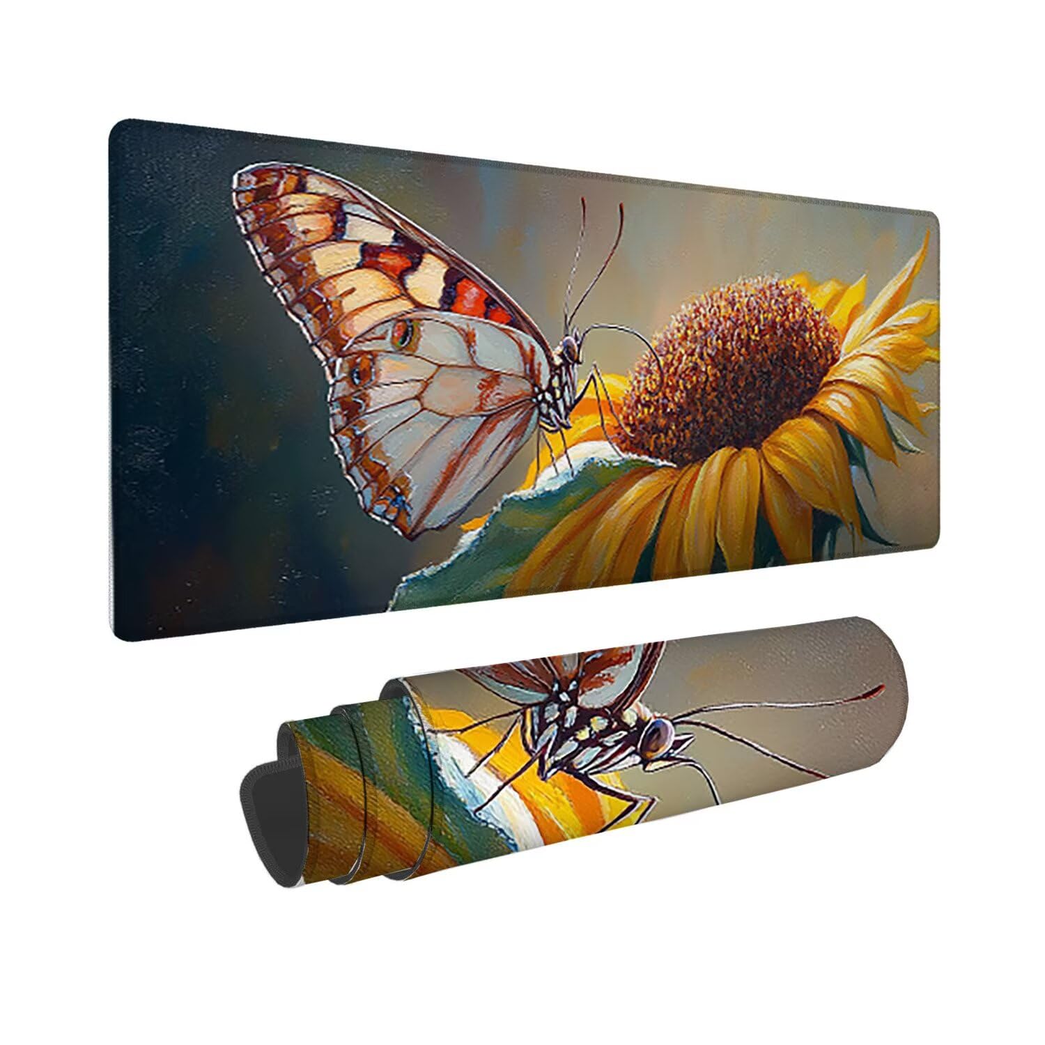 Podkładka pod mysz do gier XXL duża mysz 1200 x 500 mm, duża podkładka pod biurko z antypoślizgową gumową podstawą dla graczy, poprawia precyzję i szybkość (słonecznik motyl) o-343