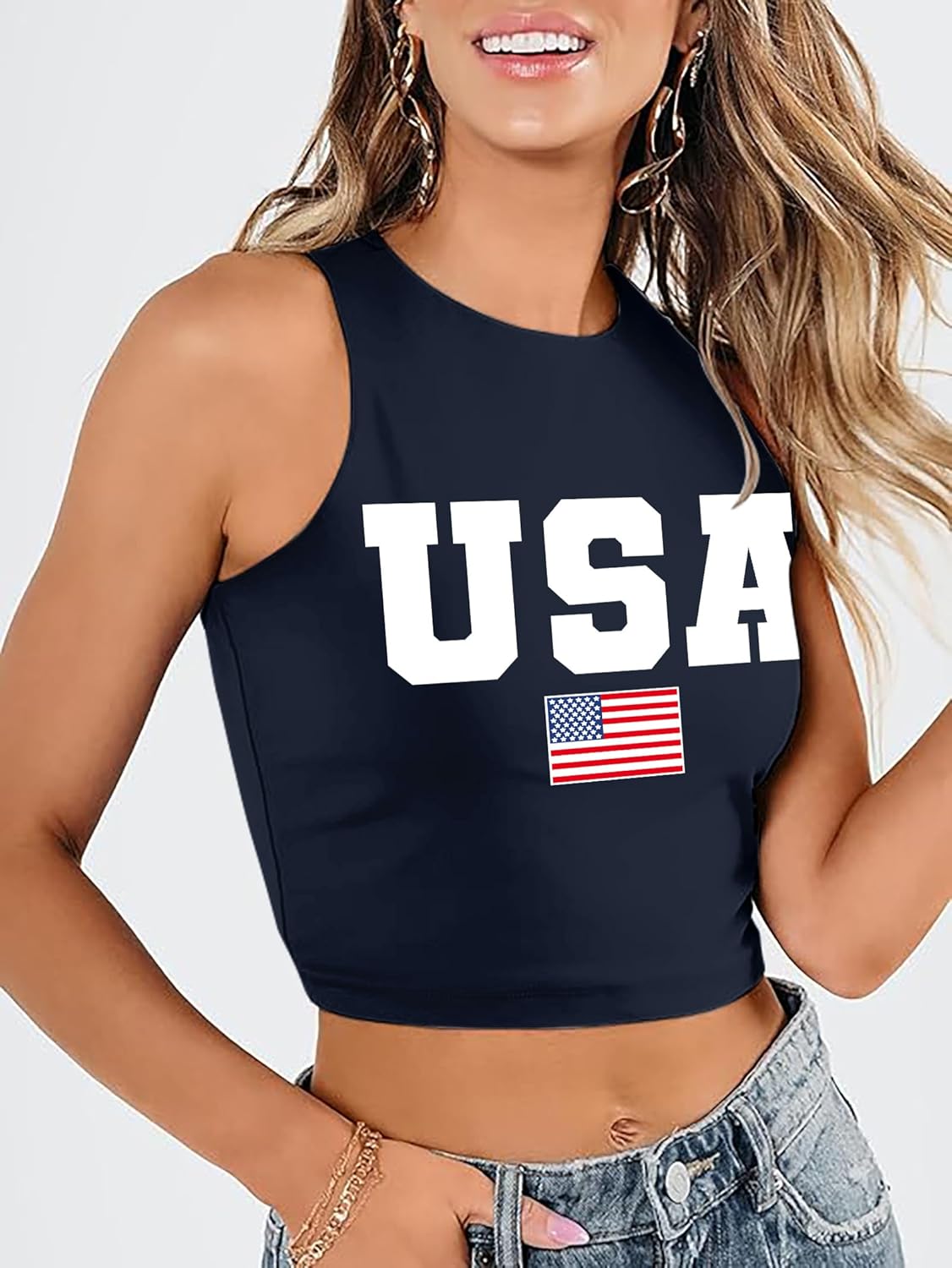 American Flag Crop Tank Tops Women: Patriotic Shirts USA Flag T-Shirt 4th of July Sleeveless Tee Tops - Image 2