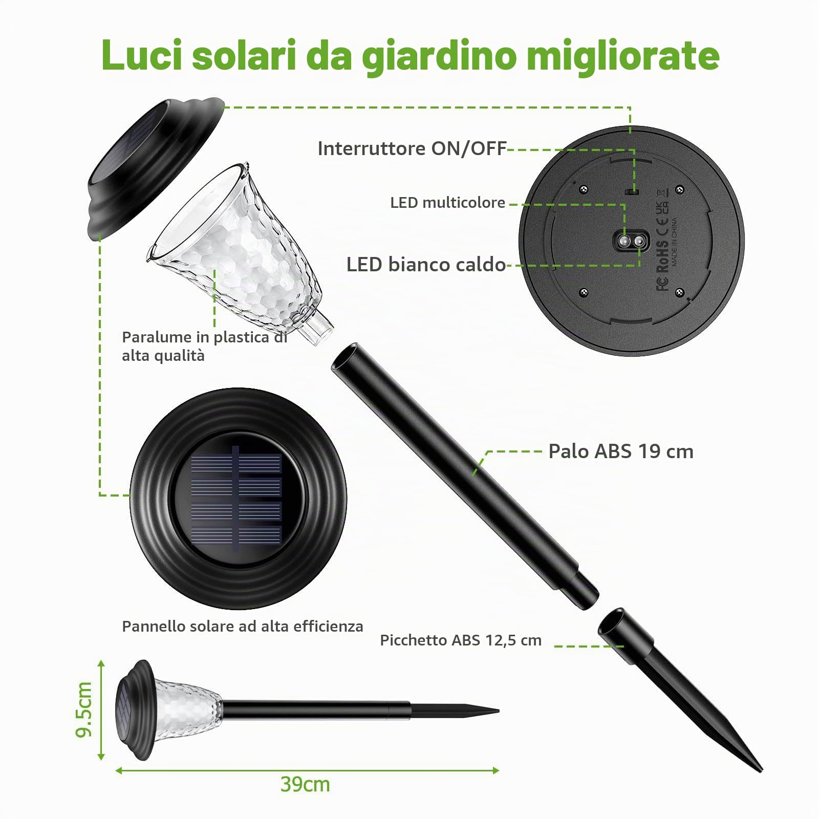 BUCASA 8 Pezzi Lampade Solari da Giardino, Luci Solari Esterno con Colorato LED e Luce Bianca Calda, Impermeabile Luce Solare LED Esterno per Prato Patio Cortile Regalo