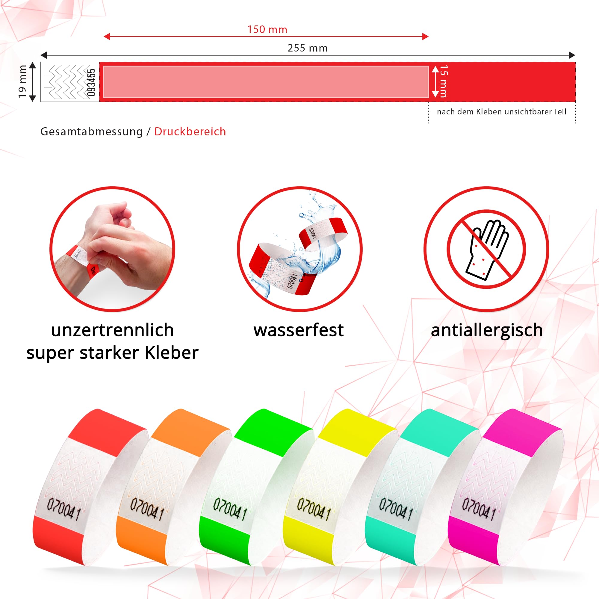 Einlassbänder aus Tyvek 19 x 255 mm 1000 Stück selbstklebend wasserdicht Festival Armbänder