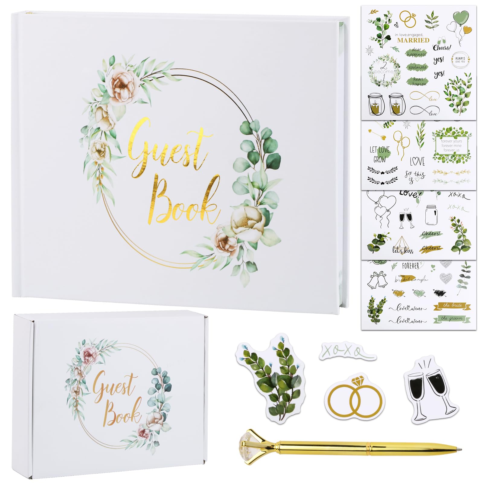 BOFUNX Libros de Visitas de Boda Libro de Firmas para los Invitados Álbum Recuerdo de Aniversarios Bodas de 120 Páginas con Bolígrafo y Pegatinas para Bodas Fiestas Cumpleaños Comunión Bautizo