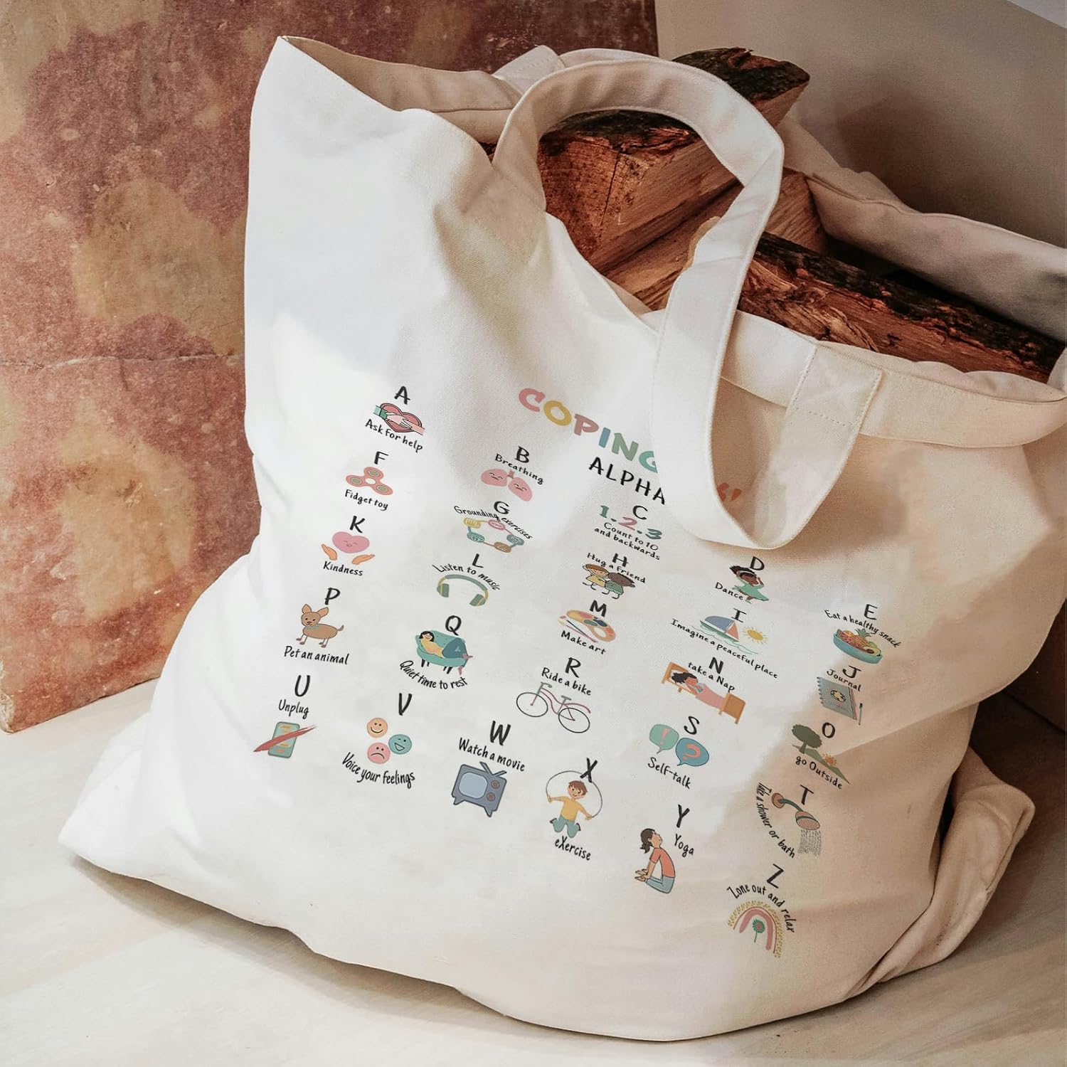 Coping Skills Alphabet Mental Health Canvas Tote Bag,Inspirational Psychologist Gifts for Women Girls,Motivational Reusable Grocery Shopping Bags - Image 4