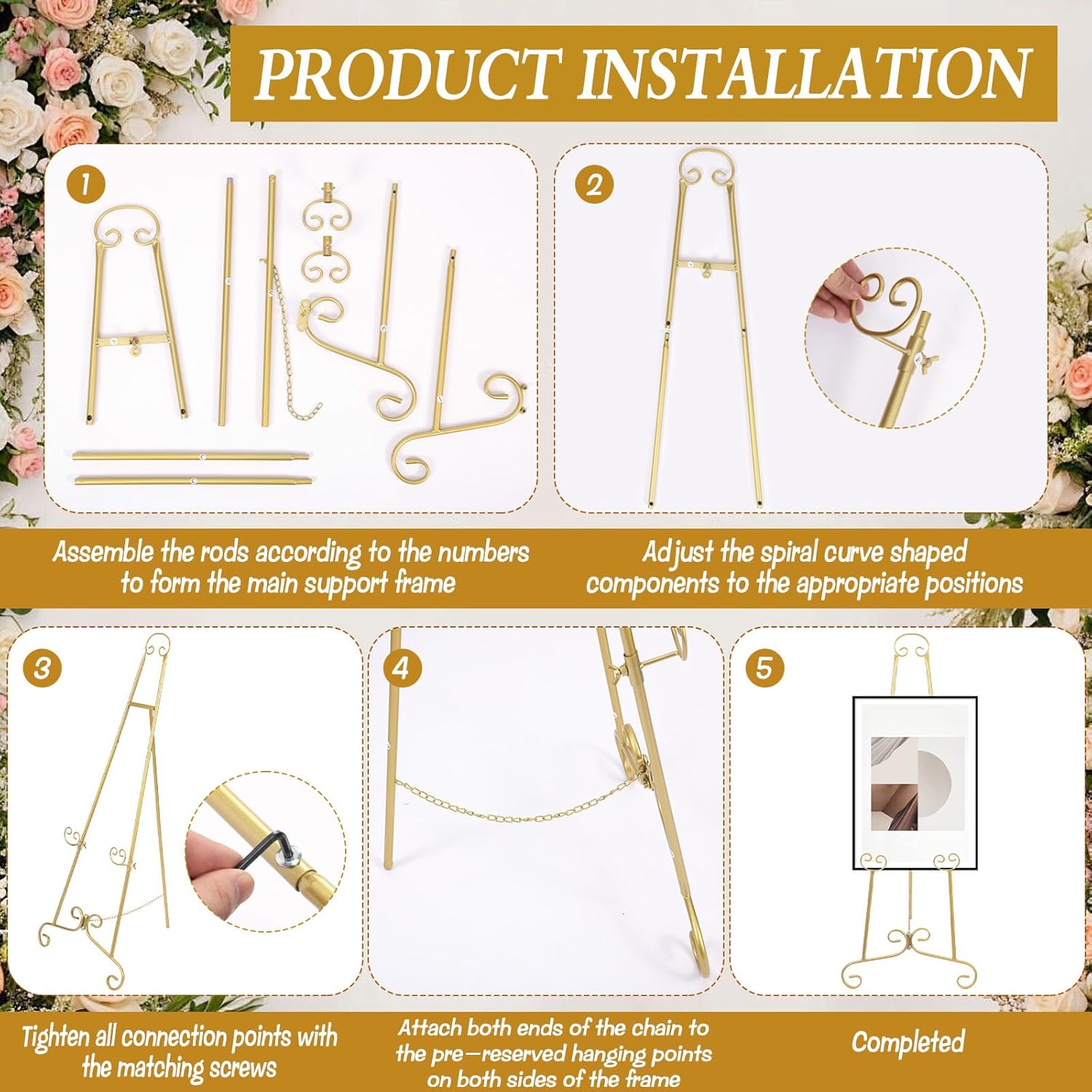 Gold Easel Stand for Sign, Round Tube Scroll Display Easel, Vintage Metal Floor Stand, Adjustable Chain Easel for Wedding Sign, Artwork, Pictures & Commercial Use