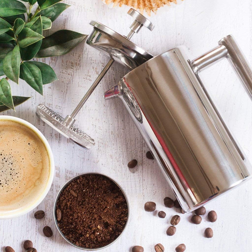 Cafetière à piston française - 1500 ml - Grande cafetière isotherme à double paroi en acier inoxydable - Système de filtration à 3 niveaux - Pour la maison, le camping et le bureau - Argenté