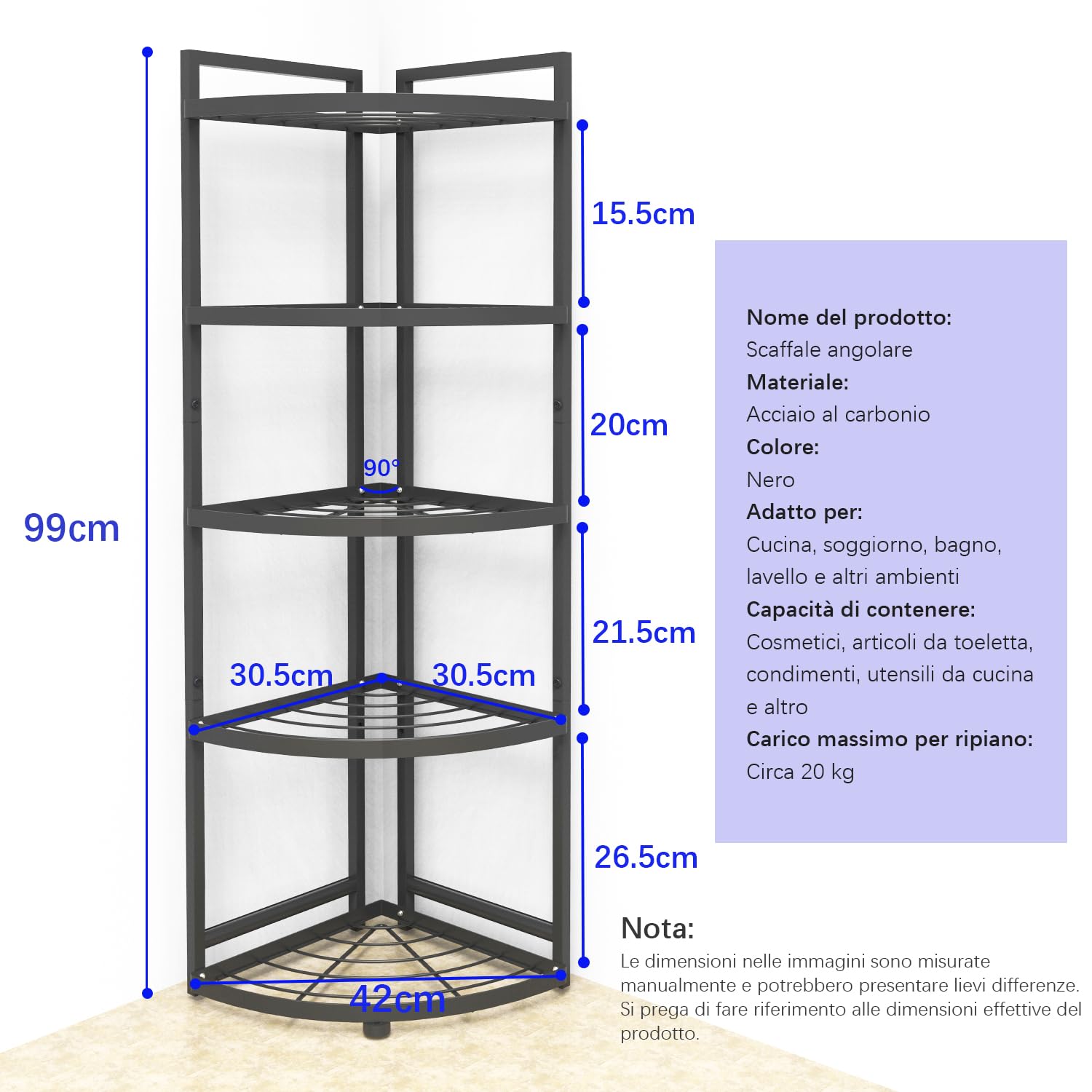 HUIJIN Étagère d'angle à 5 niveaux à 90° pour cuisine – Organisateur de casseroles et de poêles, rangement sous l'évier – Étagère en fer robuste [RA11 H 100'