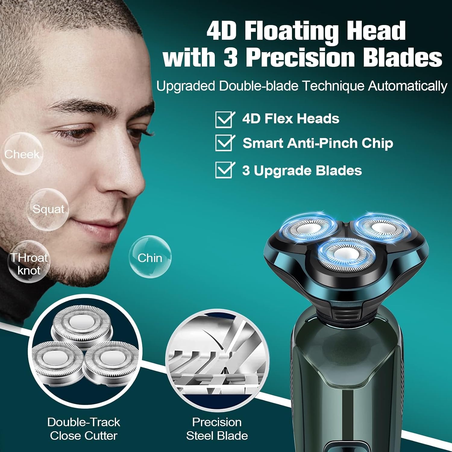 Electric Razor for Men, 3-in-1 Shaver with Floating Blades for Nose Hair &Sideburns,Replacement Blades, Pop-up Trimmer, IPX7 Waterproof, Travel Lock, Wet & Dry Use, Face Shaving Grooming Travel Kit