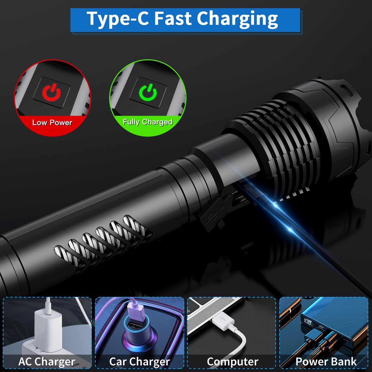 Weoxi Rechargeable Flashlights High Lumens, 6000 Lumens Super Bright Flashlights with Long Handle, 5 Modes & Zoomable, 10000mAh Waterproof Powerful Handheld Flashlight for Camping Emergency