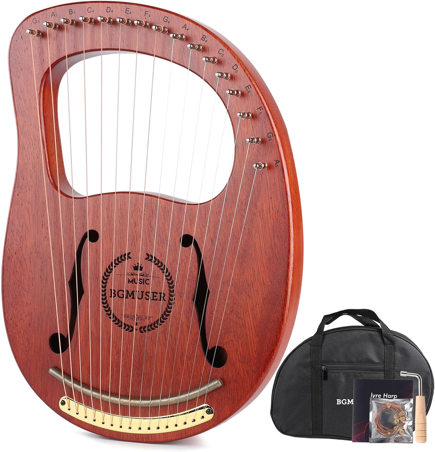 Lyre Harp 16 Metal Strings,Mahogany Body and Copper Saddle,Professional Mini Harp Instrument Gift with Bag,Tuning Wrench,Spare Strings