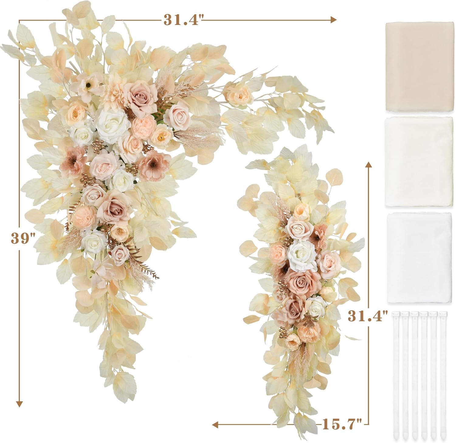 Artificial Wedding Arch Flowers with Drape Kit (Pack of 5) - 2pcs Flower Swag with 3pcs Draping Fabric for Wedding Ceremony Arbor and Reception Backdrop Decoration(Beige)