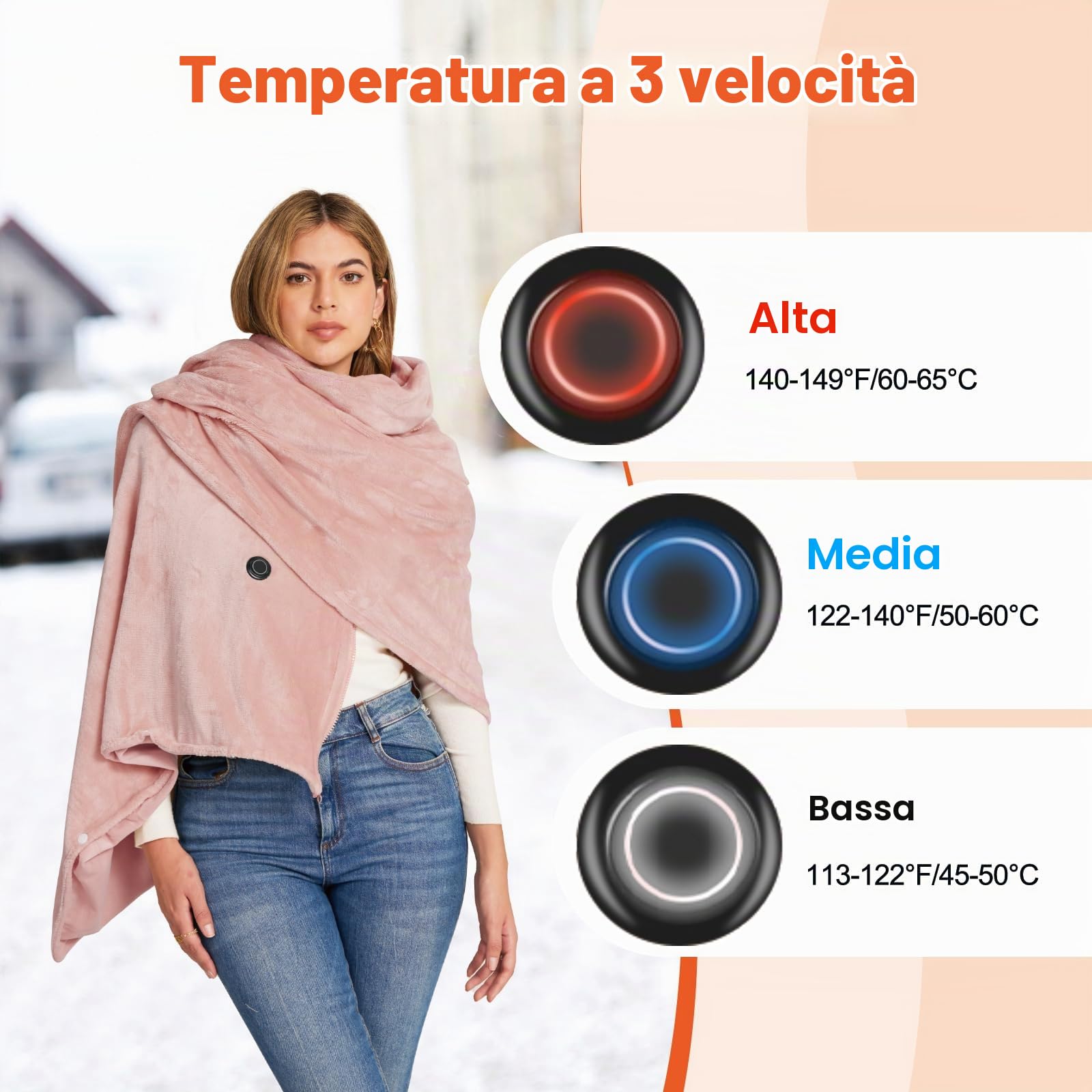 Coperta Riscaldante Elettrica Senza Fili 160x90 cm, con Batteria 10000 mAh, 6 Zone di Riscaldamento, 3 Livelli di Temperatura, Plaid Termico USB per Casa, Ufficio, Auto, Campeggio(Rosa)