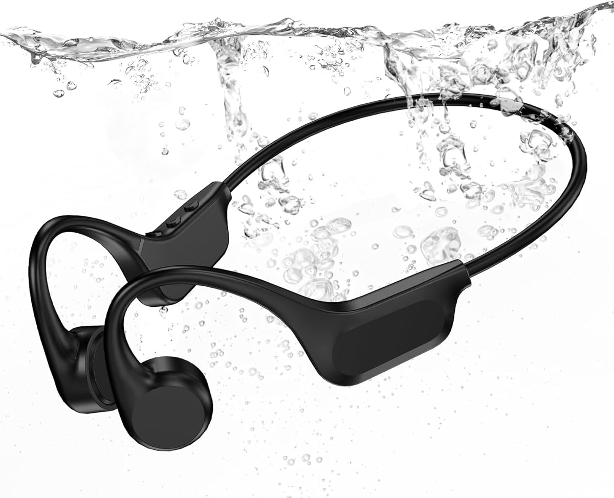 IP68 Waterproof Swimming Headphones, Bone Conduction Bluetooth 6.0 Headphones, Built-in 32GB MP3 Player, Soft Lightweight Open-Ear Design for Swimming Marathons Showers Cycling(Black