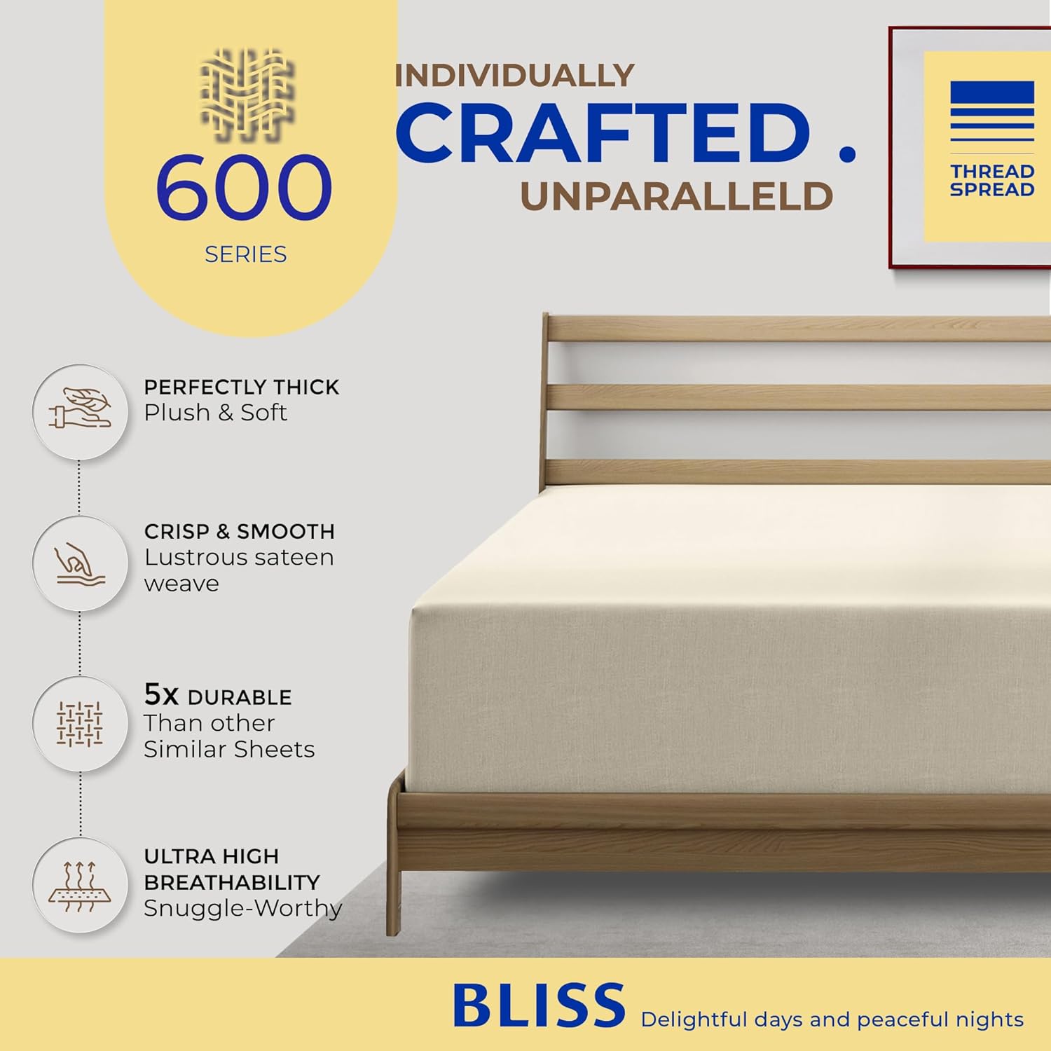 Thread Spread Twin XL Fitted Sheet Only - 100% Egyptian Cotton 600 Series Bliss Collection 16" Deep Pocket Fitted Sheet Twin XL (Ivory), Soft Cooling Elastic Bottom Sheet, Fits Dorm Mattress