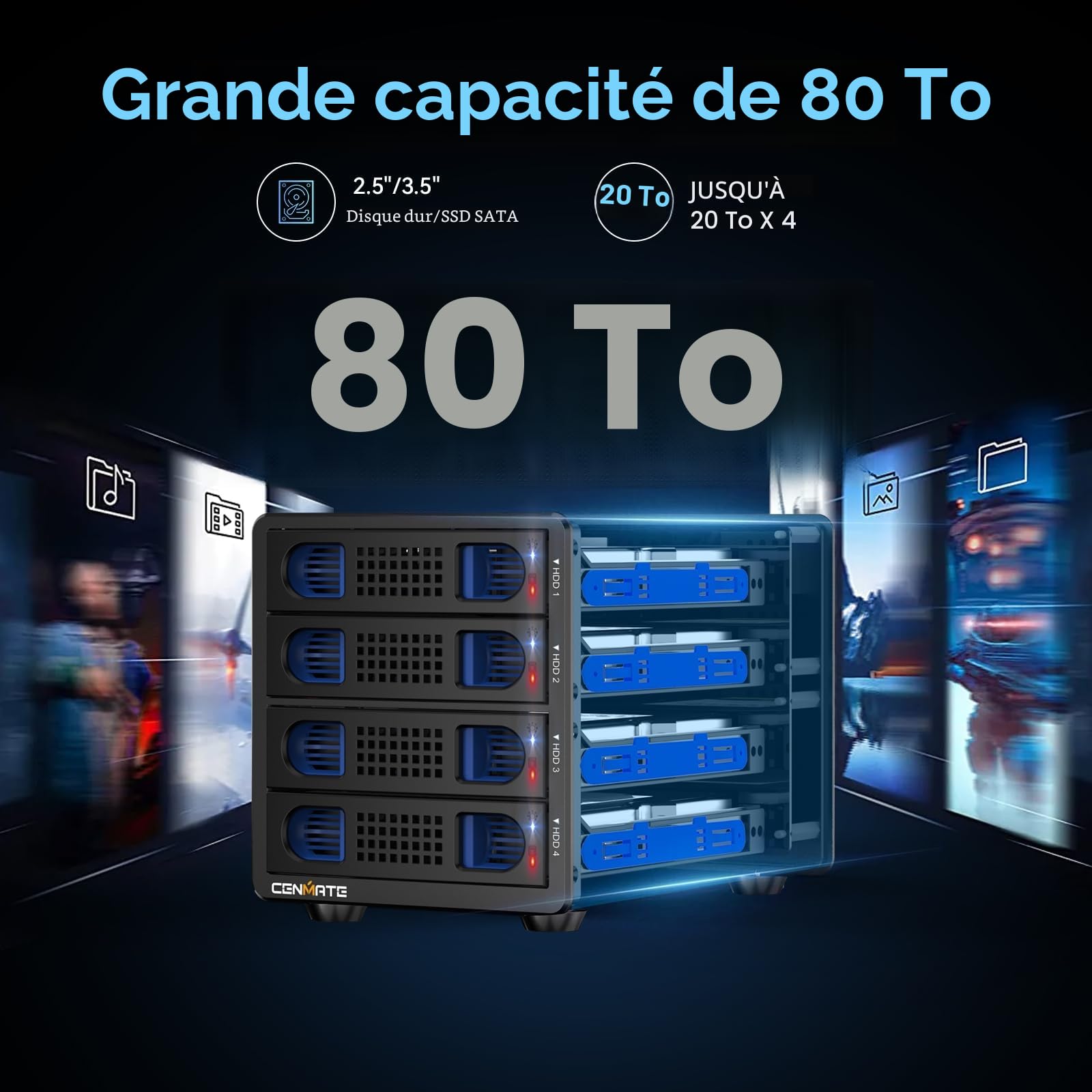 CENMATE Boîtier Disque Dur 4 Baies avec Ventilateur pour HDD/SSD SATA 2,5/3,5" avec Câble USB A/C 3.0 + eSATA, Boîtier HDD Prend en Charge Une Capacité de 80To (Pas DE Raid/NAS)