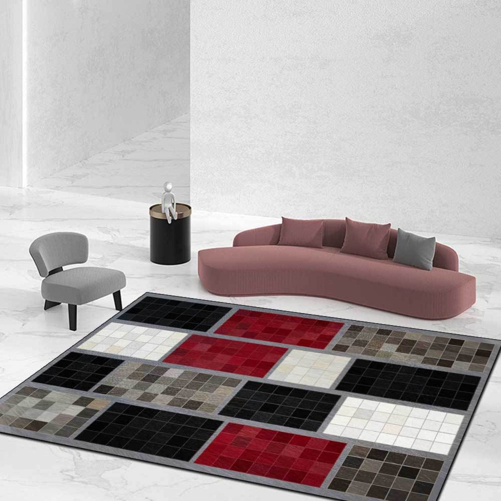 Tappeto Design Tappeto Mucchio Corto reticolo quadrato astratto bordeaux scuro Pelo corto, bordato, morbido, lavabile in lavatrice—200*300cm