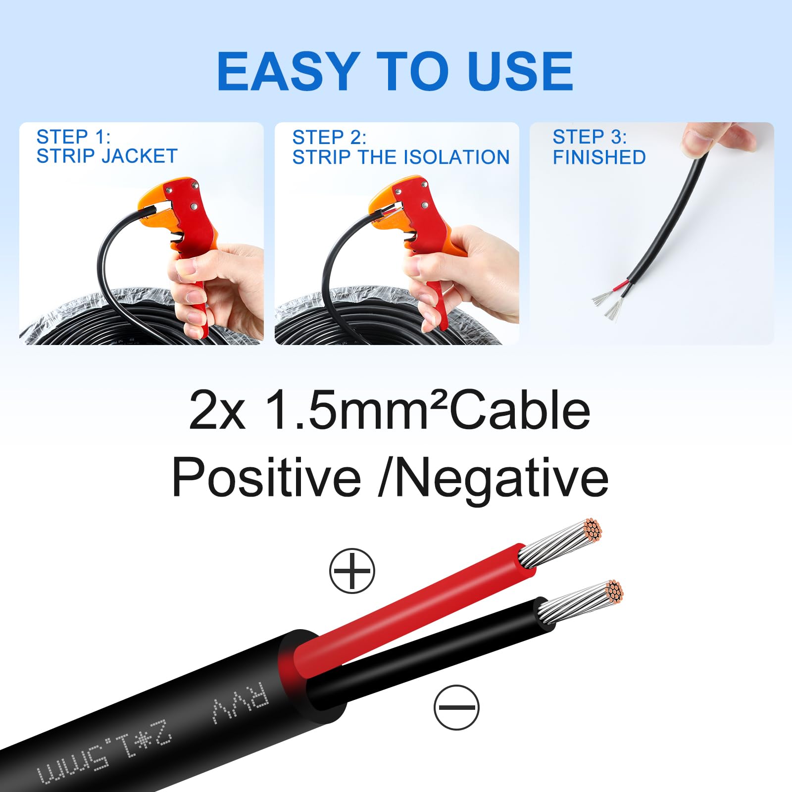 Câble Rond 2 Fils, 2 x 1,5 mm², 10M, Câble électrique Rouge/Noir, 12V/24V fil de cuivre étamé pour Le câblage des Feux arrière de remorque, L'automobile fil electrique, Equipement de Bateau