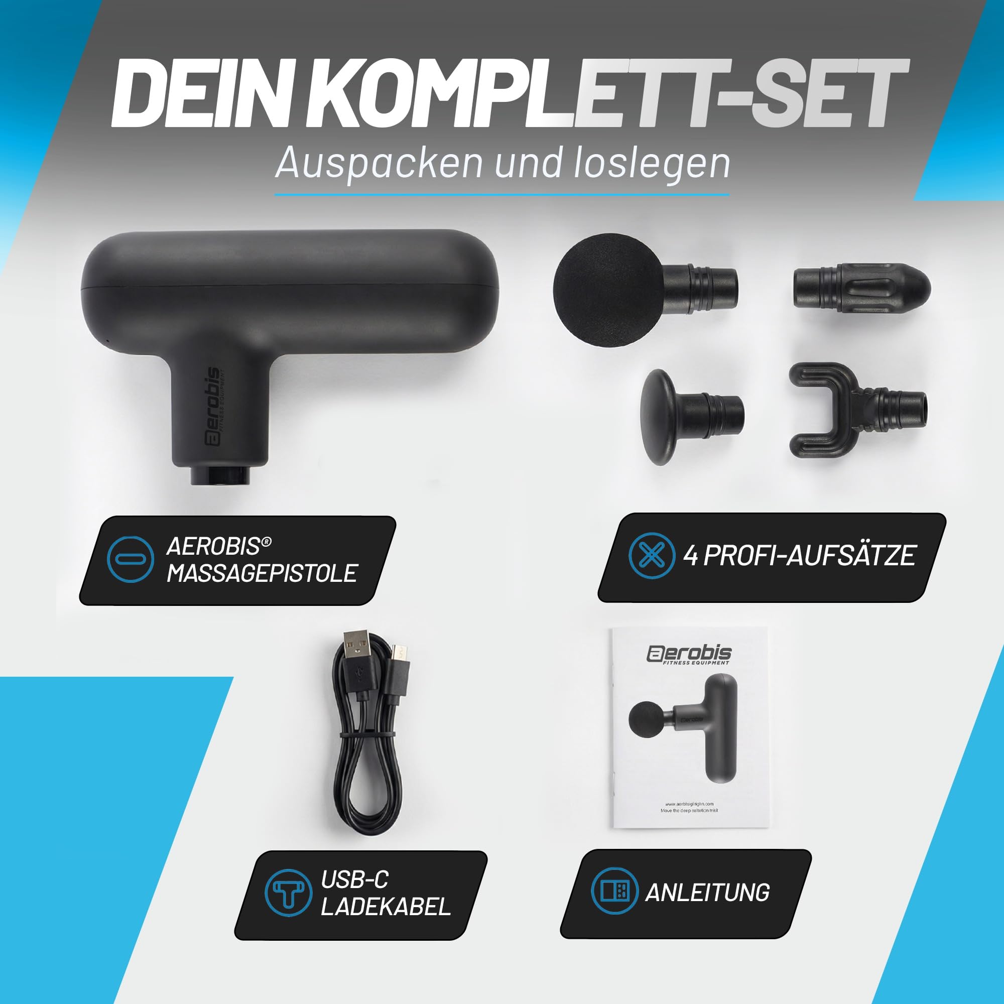aerobis® Massagepistole Mini - Extra leichtes Triggerpunkt Massagegerät für Muskulatur und Faszien - Massage Gun inklusive 4 Aufsätze & Stufen zur Entspannung, Handmassagegerät