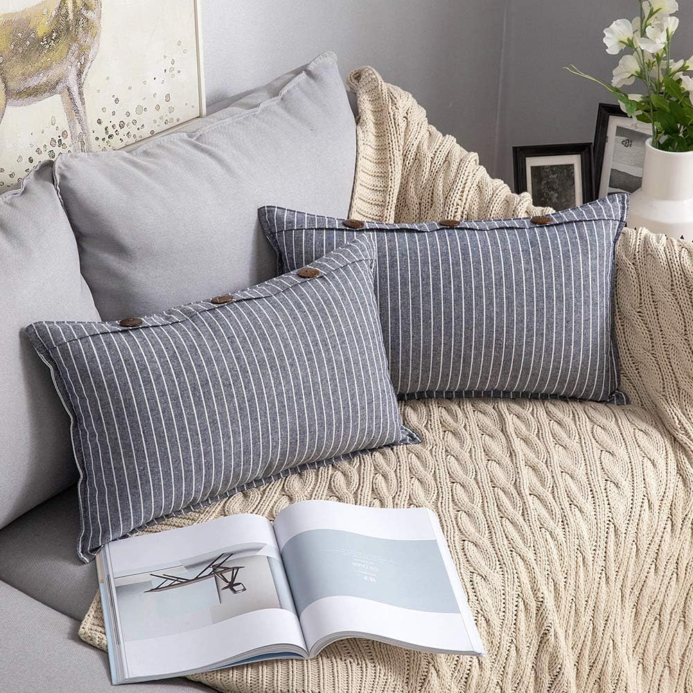 MIULEE Pack of 2 Farmhouse Decorative Throw Pillow Covers Button Linen Pillowcases Modern Stripe Lumbar Cushion Case for Couch Sofa Bedroom, 12 x 20 Inch, Light Grey