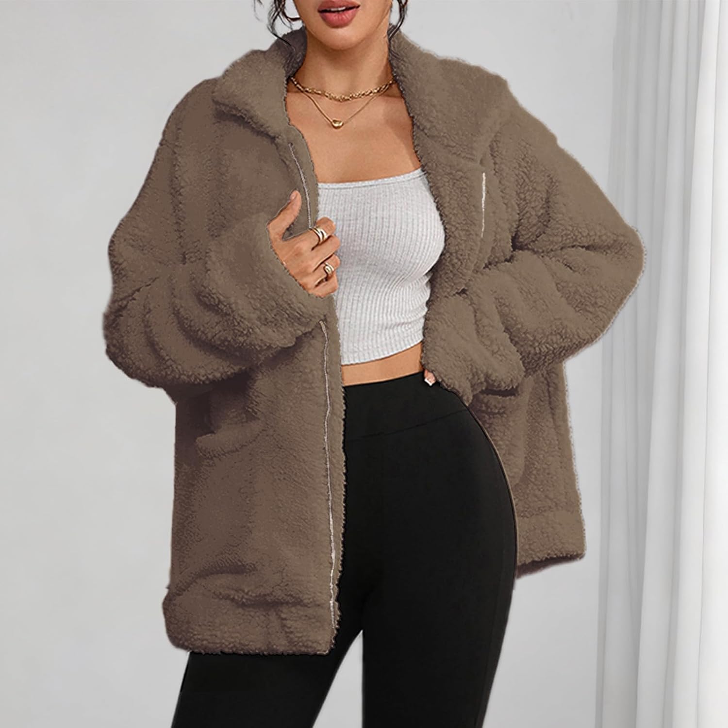 Women's Fuzzy Fleece Faux Shearling Coat, Winter Warm Oversized Jacket with Lapel Collar, Casual Zipper Outwear for Daily Use - Image 3