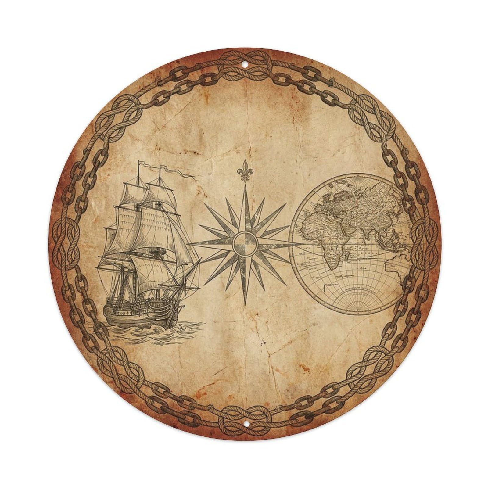 Vintage Nautical Compass World Map Sailor Legacy Metal Tin Sign