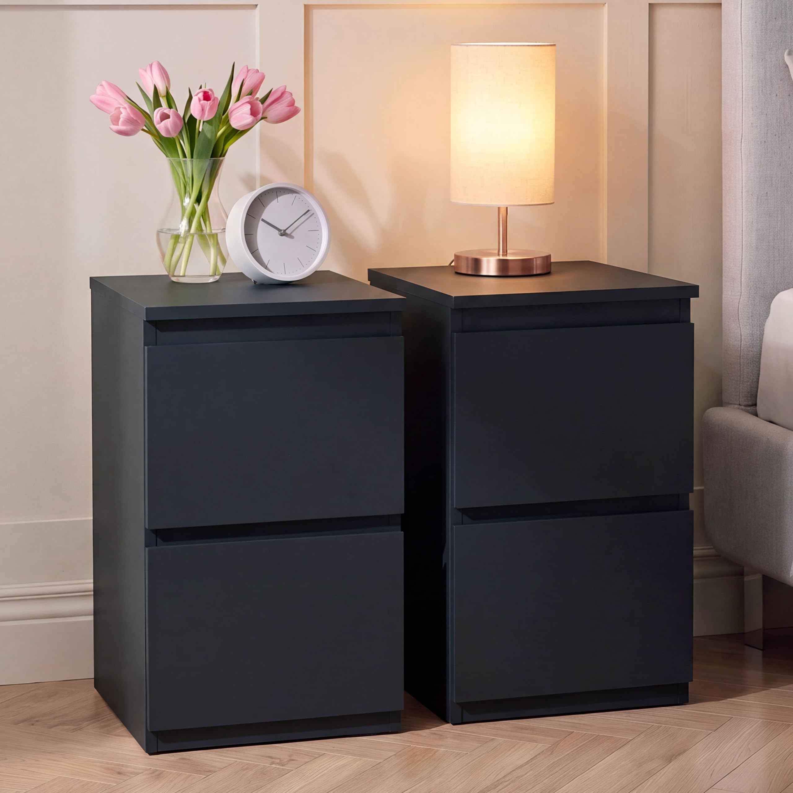 Vida Designs Denver 2 Drawer Bedside Chest set of 2 | Black | Space-Saving Storage | 52H x 29.5W x 29.5D cm | Narrow Side Table | Minimal | Smooth Metal Runner | Modern Bedroom Nightstand Unit