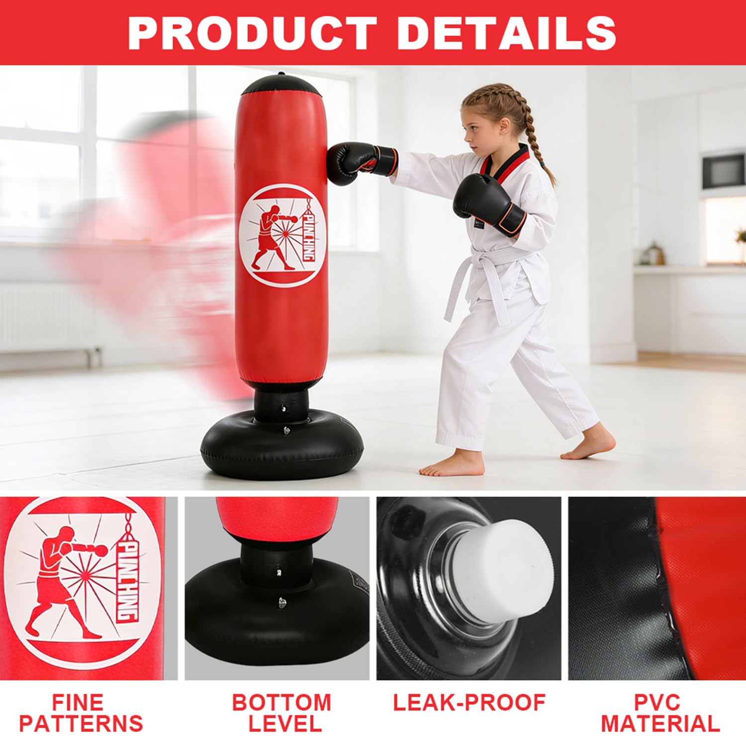Boxsack für Kinder von 6–12 Jahren, 160cm Aufblasbarer Standboxsack mit Luftpumpe, Boxsack Stehend für Jungen und Mädchen ab 6 Jahren für Jungen und Mädchen Üben von Karate, Taekwondo, MMA