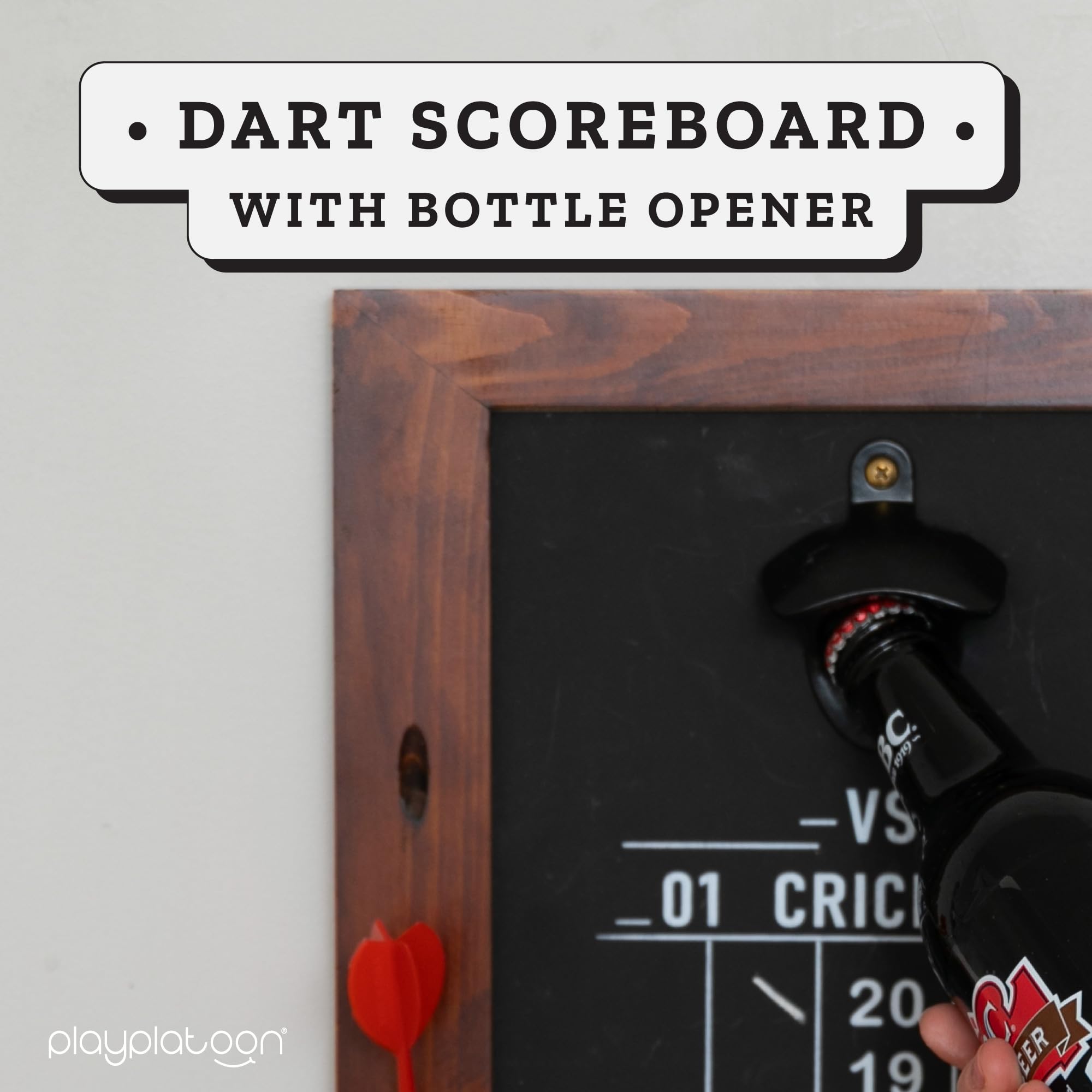 Play Platoon Dart Anzeigetafel & Darthalter Wandhalterung mit Flaschenöffner - Holz Score Board Professionelles Dartzubehör Darthalter