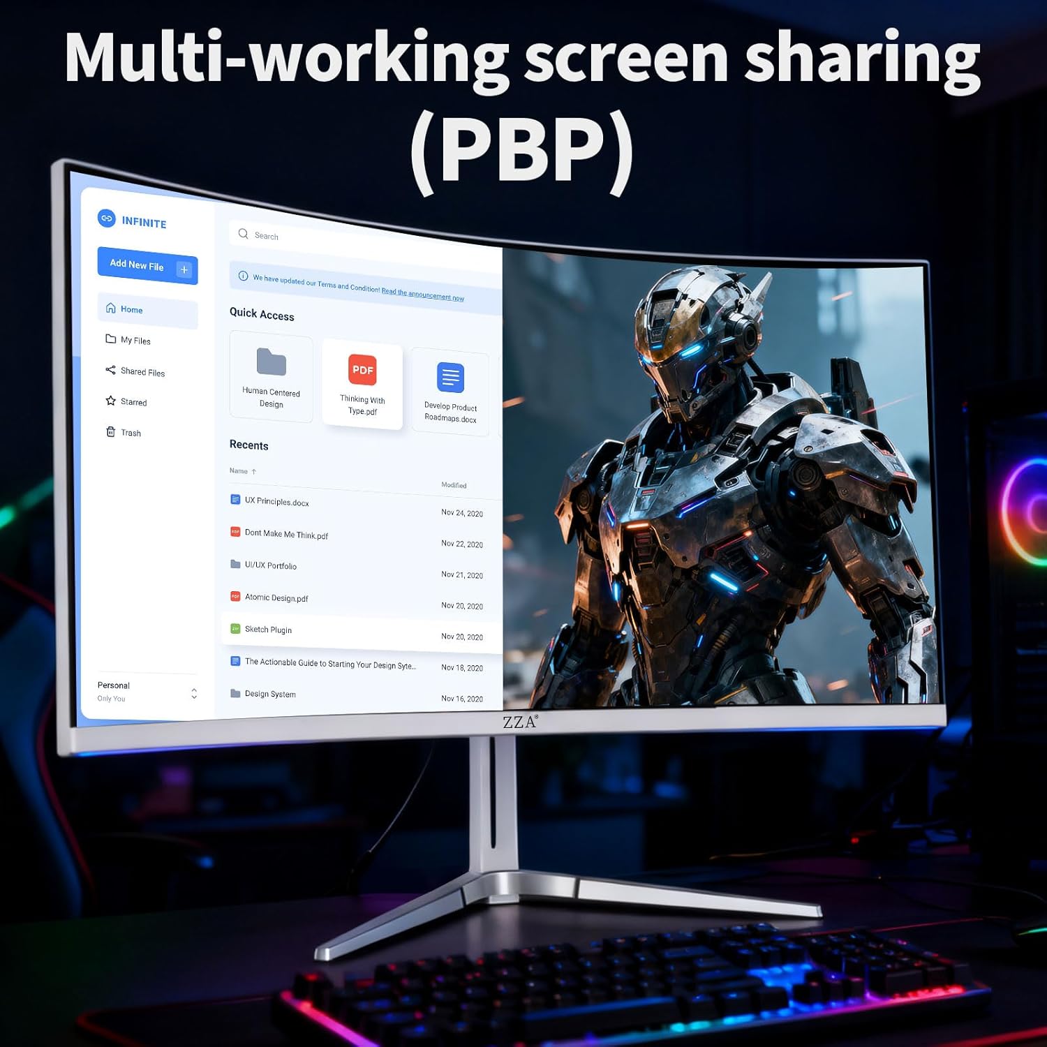 ZZA 34'' Gaming Monitor-165Hz/180Hz WQHD (3440x1440P) Ultrawide 34 White Curved Monitor,FreeSync for Tear-Free Gaming,100% sRGB, HDMI 2.1 & DP 1.4,PBP Mode,Wall Mountable