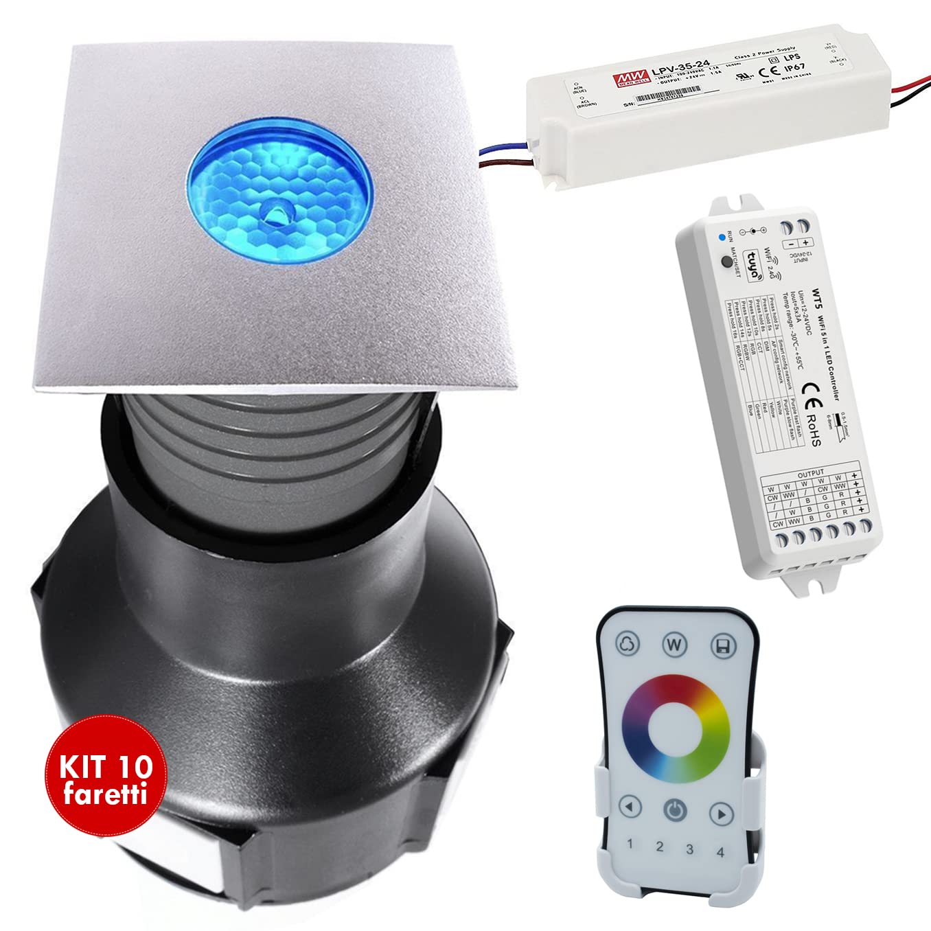 Planetitaly Kit Easy SQUARE II foco pivotable centralita Smart WiFi 24 V indicador LED 3 W SPOT RGB IP67 alimentador luz de color jardín alexa google (kit de 10 focos)