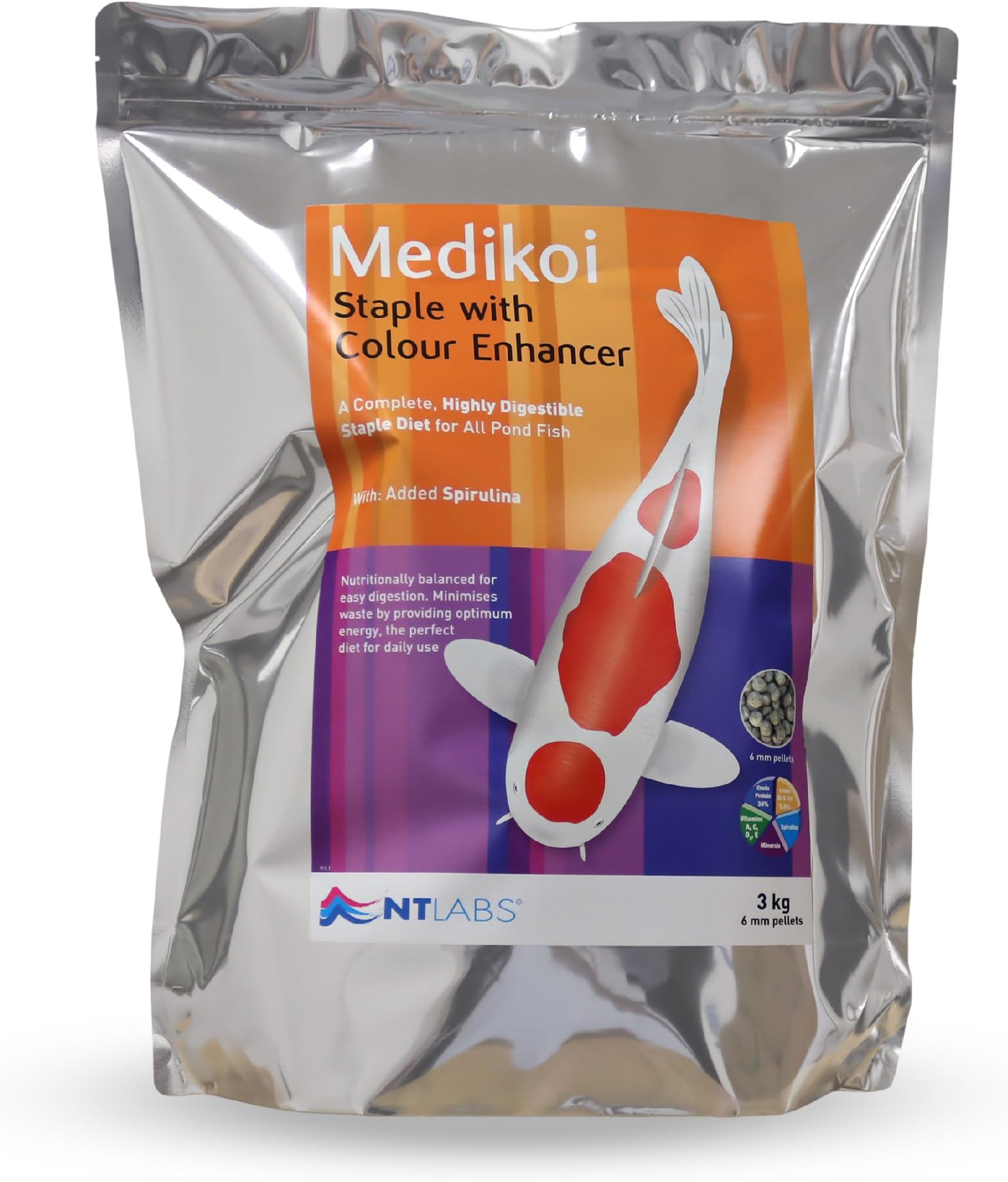 NT Labs Medikoi Staple with Colour Enhancer, Complete Feed For All Pond Fish, Ideal For Spring, Summer and Autumn Feeding, Enhances Colours of Pond Fish, Koi Fish Food (3kg)(6mm)