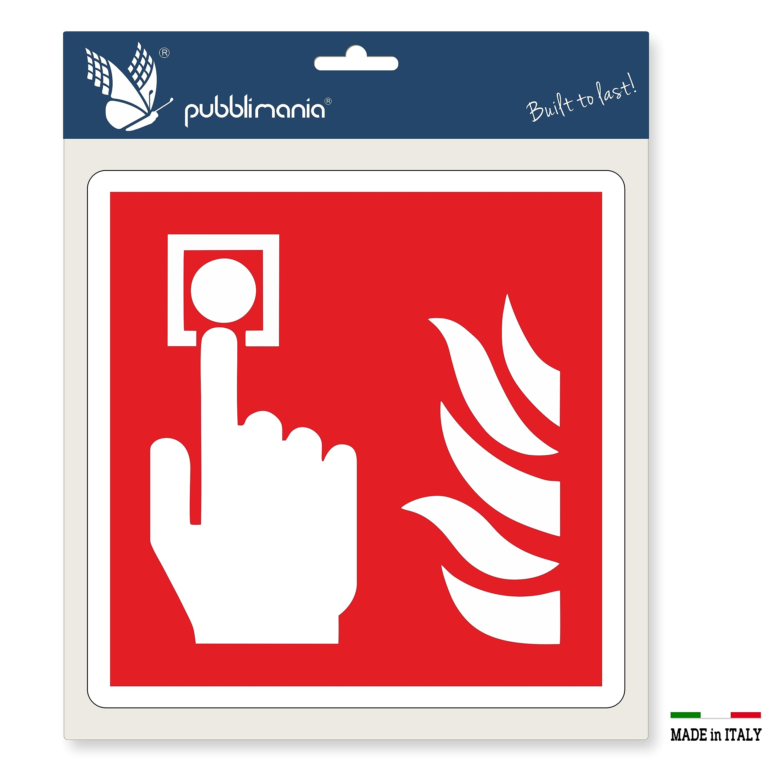 pubblimania Pulsante Allarme Incendio Adesivo in PVC Resistente per Esterno e Interno cm 14,5x14,5 (Pulsante Allarme Incendio)