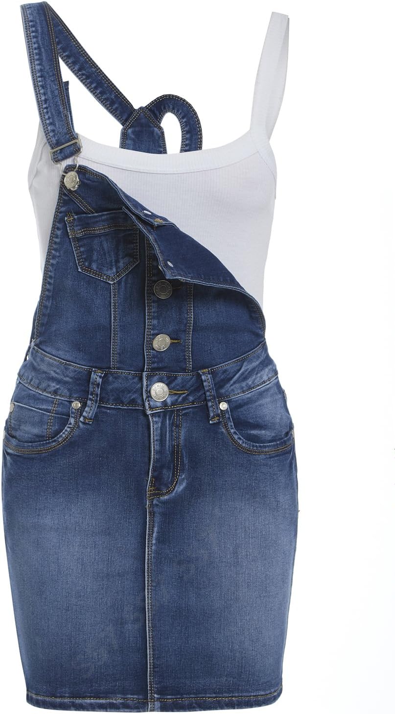 SS7 New Womens Skinny Denim Dungaree Dress, Mid Blue, Sizes 8 to 14