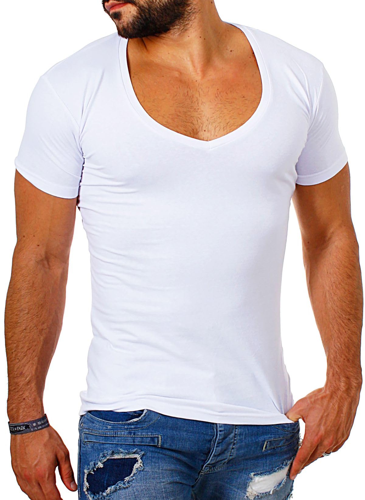 Young & Rich Herren Uni T-Shirt Basic mit extra tiefem V-Ausschnitt Slimfit deep V-Neck Stretch dehnbar 1315