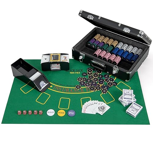 Goplus Poker Chip Set, 600 PCS 14 Gram Clay Poker Chips w/Case, Automatic Card Shuffler, 6 Decks Cards, 5 Dices, Card Shoe, 3 Dealer Buttons, Poker Felt, Texas Holdem, Blackjack, Casino