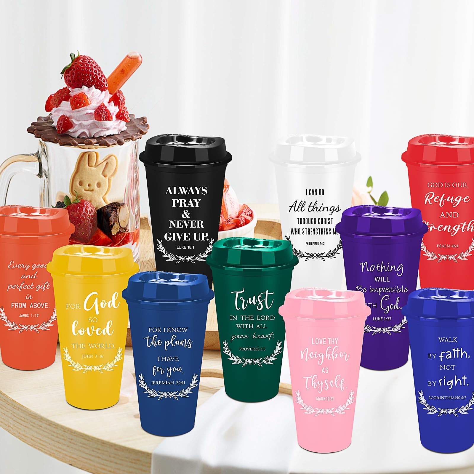 Lot de 40 tasses à café chrétiennes en plastique avec couvercles, 470 ml, réutilisables pour appréciation des employés, verset de la Bible, gobelets à café colorés pour femmes et hommes, cadeaux