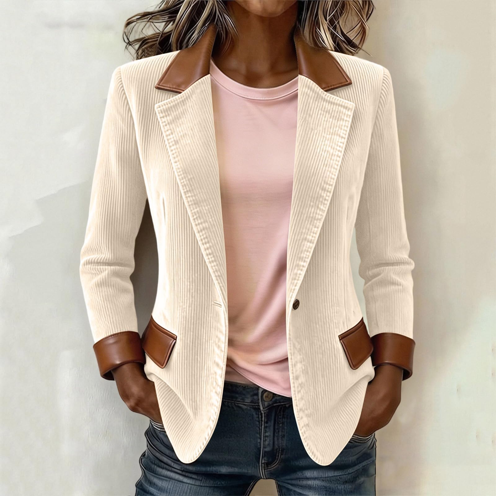 Générique Blazer Femme en daim Manches Longues Un Bouton Col Châle Revers Veste de Costume Chic Élégant Bureau Fête